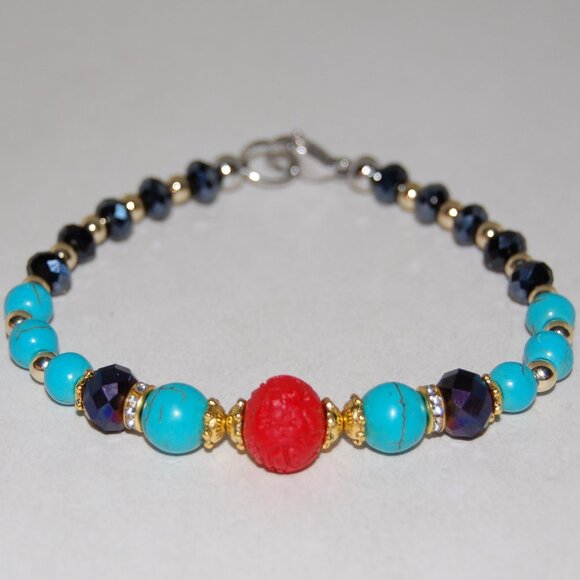 Multicolor Bracelet,Carved Charm,Stone and Glass Beads,Clasp Closure Bracelet - Picture 1 of 2